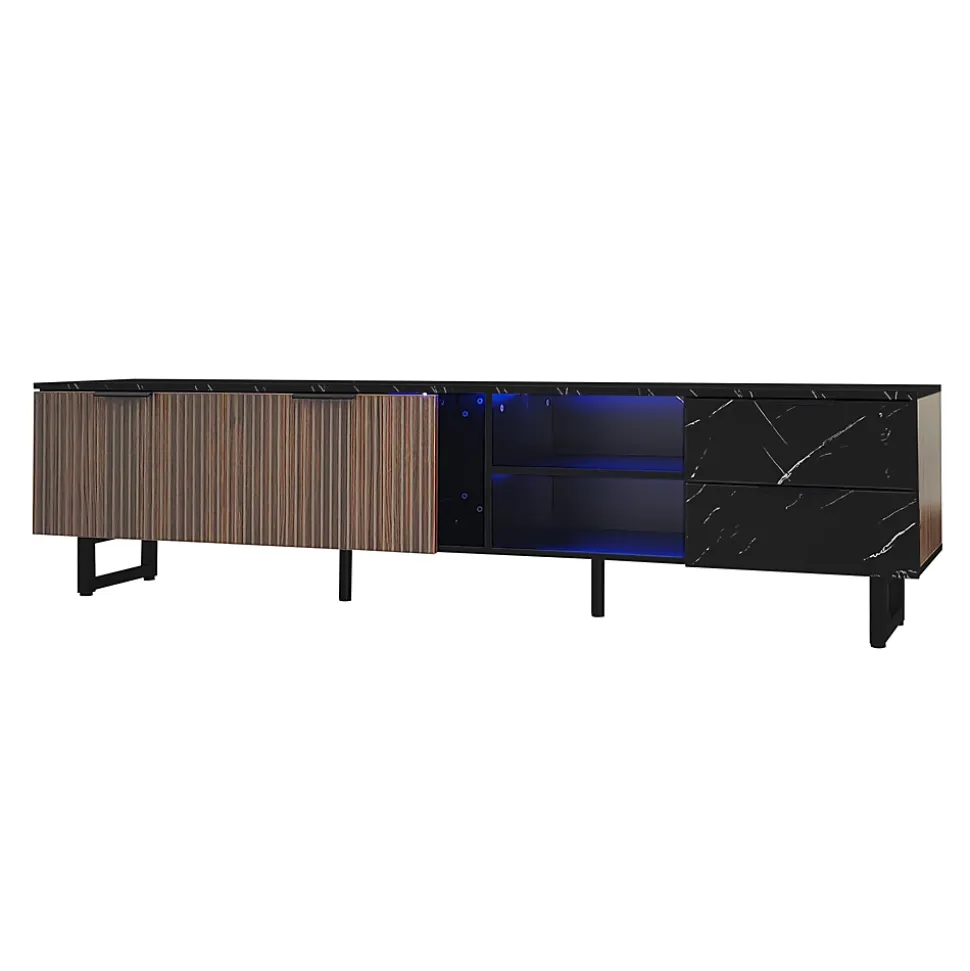 Meuble TV LED 200x50x38cm - avec 2 portes et 2 tiroirs - aspect marbre noir, portes grain de bois foncé - Noir