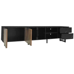 Meuble TV LED 200x50x38cm - avec 2 portes et 2 tiroirs - aspect marbre noir, portes grain de bois foncé - Noir