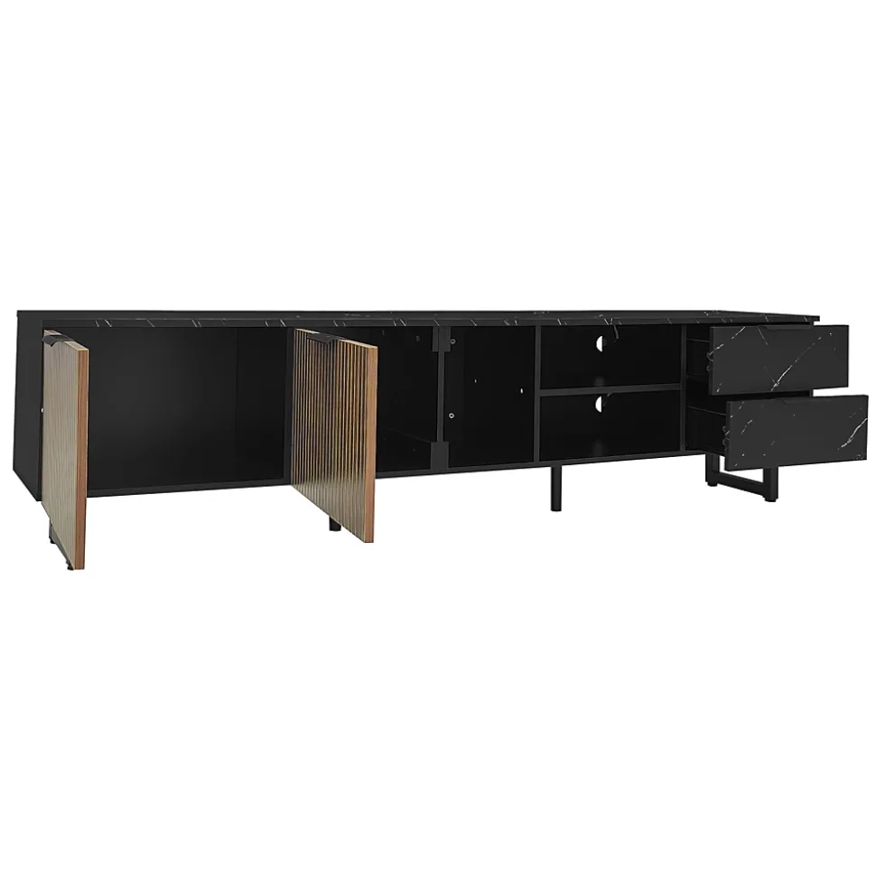 Meuble TV LED 200x50x38cm - avec 2 portes et 2 tiroirs - aspect marbre noir, portes grain de bois foncé - Noir