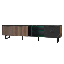 Meuble TV LED 200x50x38cm - avec 2 portes et 2 tiroirs - aspect marbre noir, portes grain de bois foncé - Noir