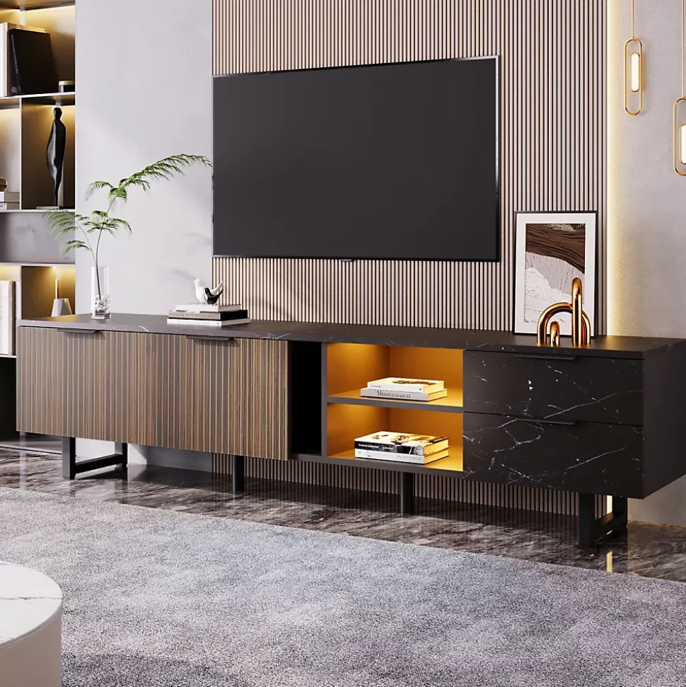 Meuble TV LED 200x50x38cm - avec 2 portes et 2 tiroirs - aspect marbre noir, portes grain de bois foncé - Noir
