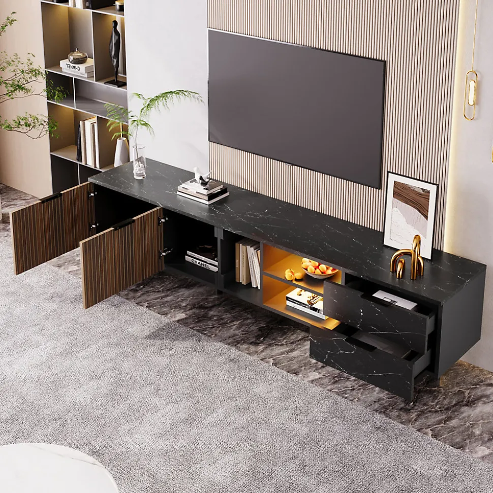 Meuble TV LED 200x50x38cm - avec 2 portes et 2 tiroirs - aspect marbre noir, portes grain de bois foncé - Noir