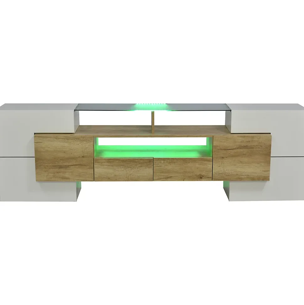 Meuble TV Élégant 200 Cm, Éclairage LED, Meuble De Salon, Design Moderne, Blanc + Bois