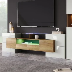 Meuble TV Élégant 200 Cm, Éclairage LED, Meuble De Salon, Design Moderne, Blanc + Bois