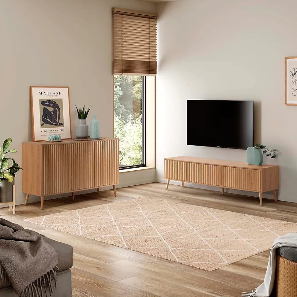 Meuble TV Lluvia 4 portes, coloris chêne, longueur 160 cm