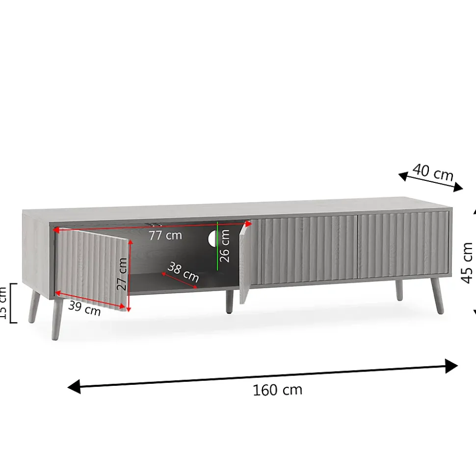 Meuble TV Lluvia 4 portes, coloris chêne, longueur 160 cm