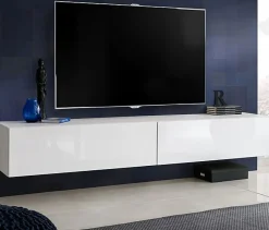 Meuble TV Loreto Komodee - Blanc Brillant et Blanc - Facades en Brillant - 200 x 30 x 41 cm
