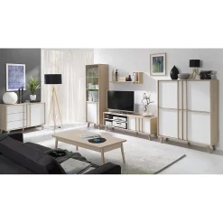 Meuble TV MALMO 150 cm coloris chene clair et blanc