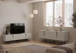 Meuble TV, Meuble de salon aspect bois coloris crème, pieds en métal noir - Longueur 200 x Profondeur 40 x Hauteur 77,90 cm