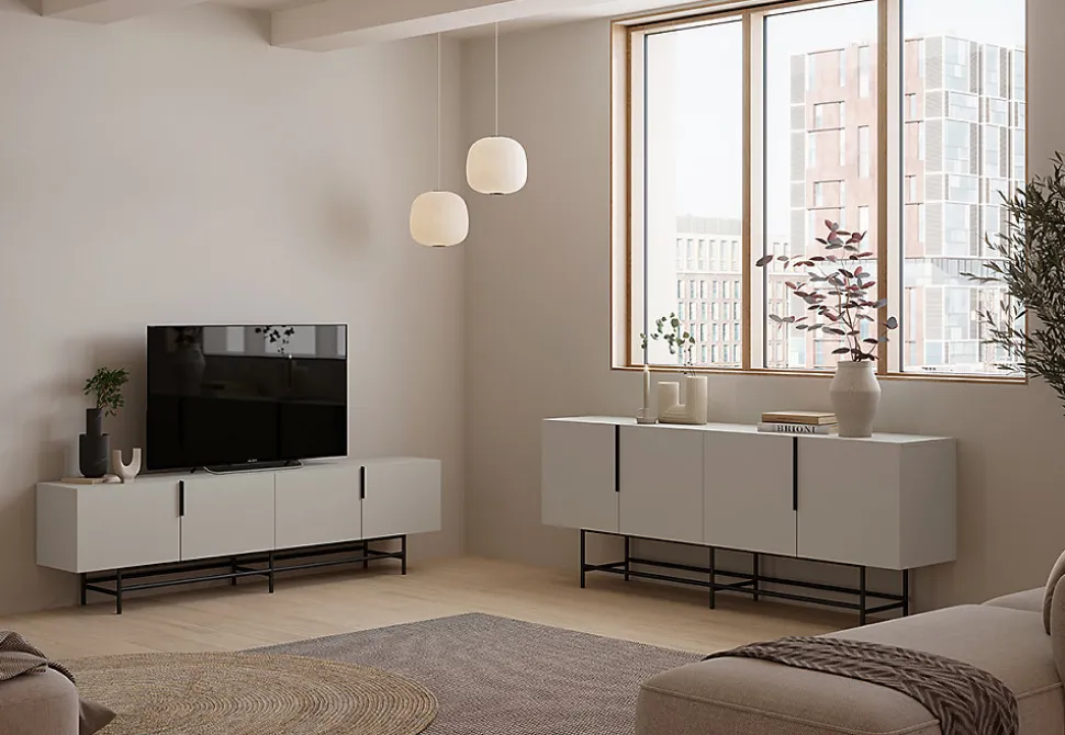 Meuble TV, Meuble de salon aspect bois coloris crème, pieds en métal noir - Longueur 200 x Profondeur 40 x Hauteur 77,90 cm