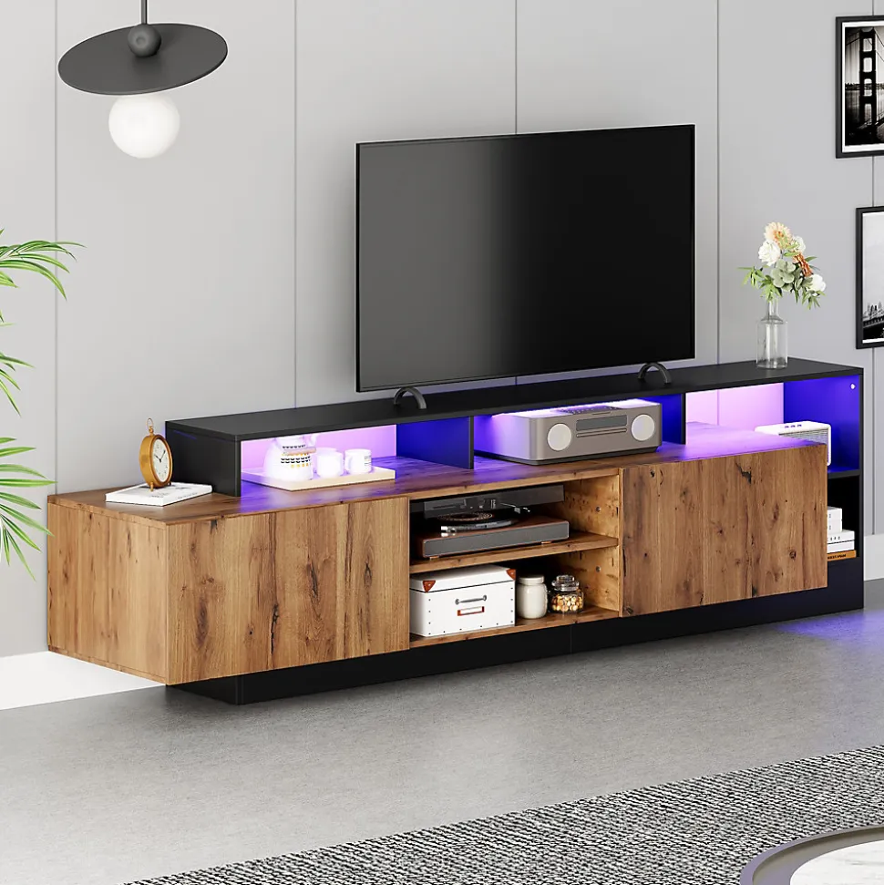 Meuble TV Moderne - Banc TV avec LED et Espaces de Rangement Ouverts - 2 Portes - 190x40x48,5 cm - Bois et Noir