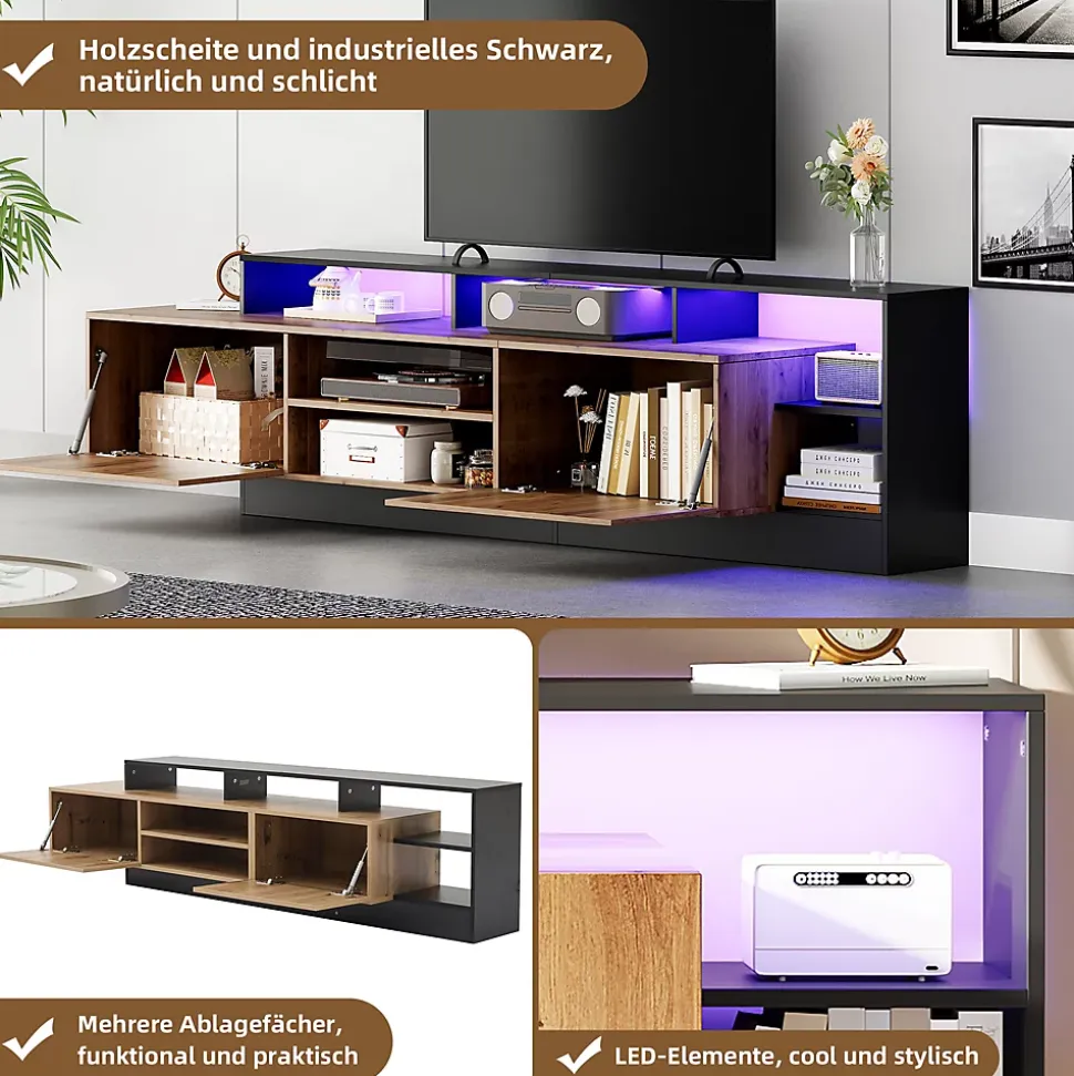 Meuble TV Moderne - Banc TV avec LED et Espaces de Rangement Ouverts - 2 Portes - 190x40x48,5 cm - Bois et Noir