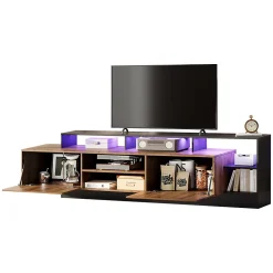 Meuble TV Moderne - Banc TV avec LED et Espaces de Rangement Ouverts - 2 Portes - 190x40x48,5 cm - Bois et Noir