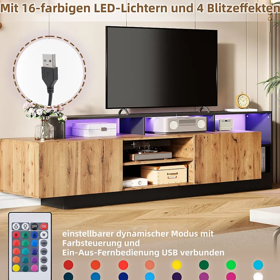 Meuble TV Moderne - Banc TV avec LED et Espaces de Rangement Ouverts - 2 Portes - 190x40x48,5 cm - Bois et Noir