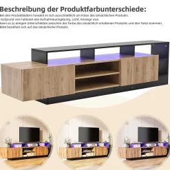 Meuble TV Moderne - Banc TV avec LED et Espaces de Rangement Ouverts - 2 Portes - 190x40x48,5 cm - Bois et Noir