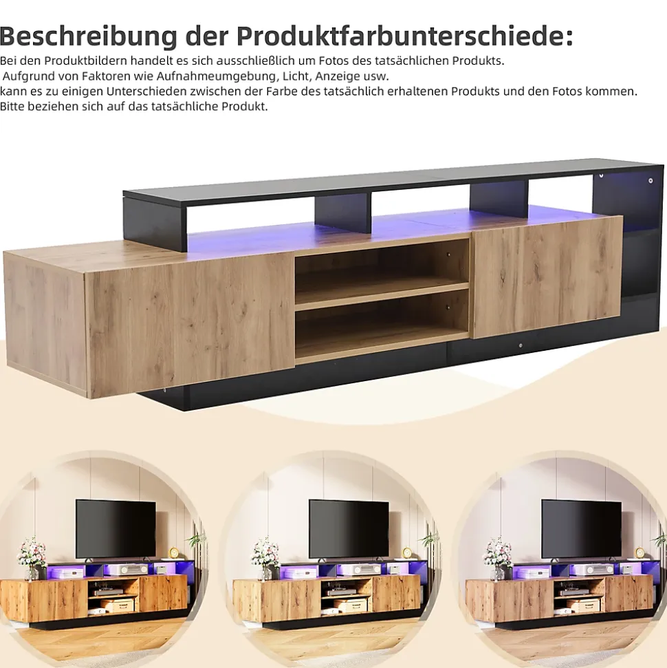 Meuble TV Moderne - Banc TV avec LED et Espaces de Rangement Ouverts - 2 Portes - 190x40x48,5 cm - Bois et Noir