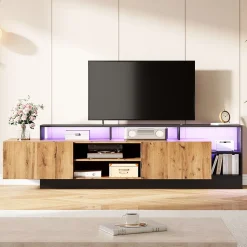 Meuble TV Moderne - Banc TV avec LED et Espaces de Rangement Ouverts - 2 Portes - 190x40x48,5 cm - Bois et Noir