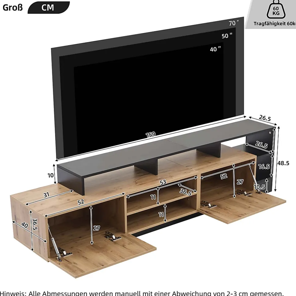 Meuble TV Moderne - Banc TV avec LED et Espaces de Rangement Ouverts - 2 Portes - 190x40x48,5 cm - Bois et Noir