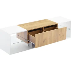 Meuble TV Moderne 3 Niveaux avec 2 Tiroirs, LED, Plateaux Verre, MDF, Blanc et Bois Naturel - 160x40x42 cm