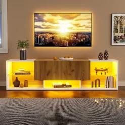 Meuble TV Moderne 3 Niveaux avec 2 Tiroirs, LED, Plateaux Verre, MDF, Blanc et Bois Naturel - 160x40x42 cm