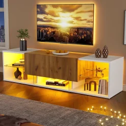 Meuble TV Moderne 3 Niveaux avec 2 Tiroirs, LED, Plateaux Verre, MDF, Blanc et Bois Naturel - 160x40x42 cm