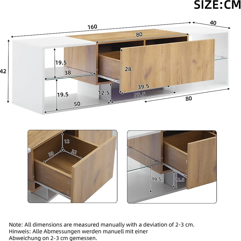 Meuble TV Moderne 3 Niveaux avec 2 Tiroirs, LED, Plateaux Verre, MDF, Blanc et Bois Naturel - 160x40x42 cm
