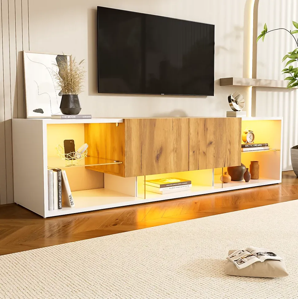 Meuble TV Moderne 3 Niveaux avec 2 Tiroirs, LED, Plateaux Verre, MDF, Blanc et Bois Naturel - 160x40x42 cm
