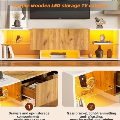 Meuble TV Moderne 3 Niveaux avec 2 Tiroirs, LED, Plateaux Verre, MDF, Blanc et Bois Naturel - 160x40x42 cm