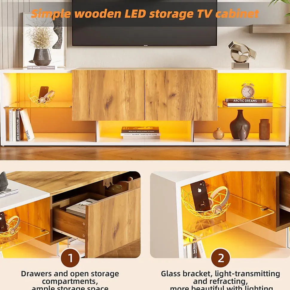Meuble TV Moderne 3 Niveaux avec 2 Tiroirs, LED, Plateaux Verre, MDF, Blanc et Bois Naturel - 160x40x42 cm