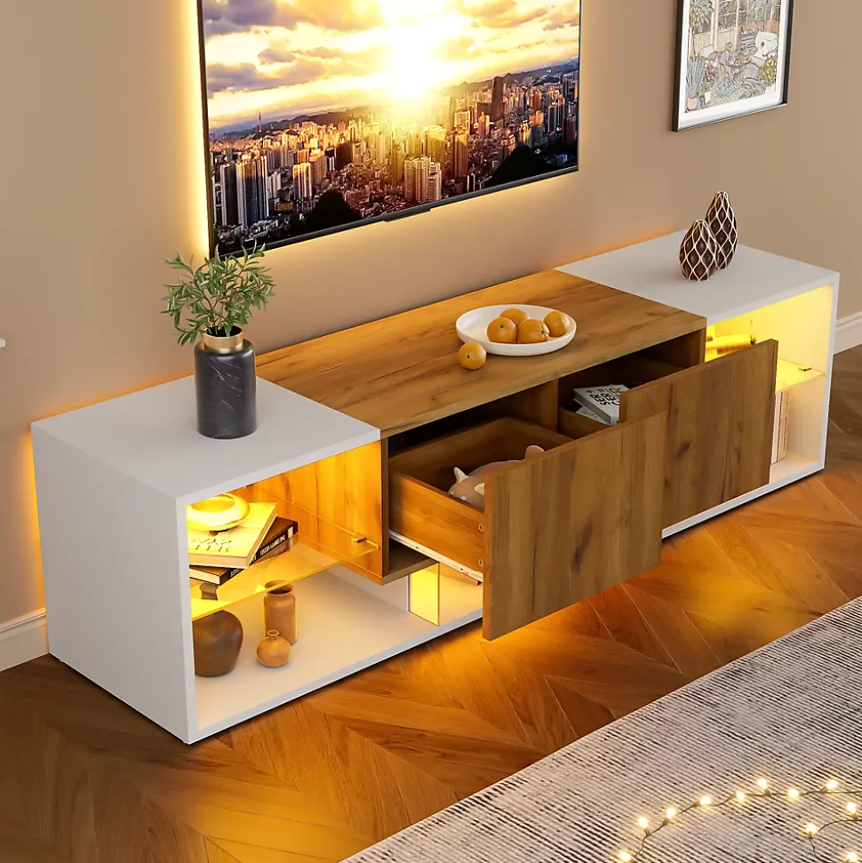 Meuble TV Moderne 3 Niveaux avec 2 Tiroirs, LED, Plateaux Verre, MDF, Blanc et Bois Naturel - 160x40x42 cm
