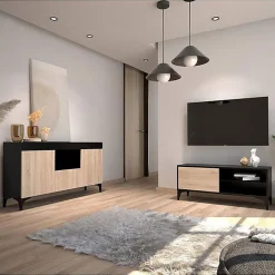 Meuble TV moderne - Noir et Sonoma, mélamine mate - 1 porte - Pieds 12 cm - 100 x 42 x 30 cm