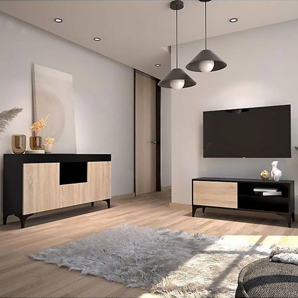 Meuble TV moderne - Noir et Sonoma, mélamine mate - 1 porte - Pieds 12 cm - 100 x 42 x 30 cm