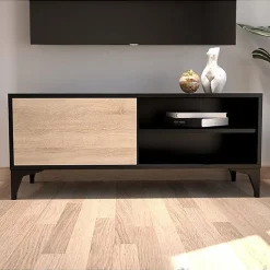 Meuble TV moderne - Noir et Sonoma, mélamine mate - 1 porte - Pieds 12 cm - 100 x 42 x 30 cm