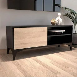 Meuble TV moderne - Noir et Sonoma, mélamine mate - 1 porte - Pieds 12 cm - 100 x 42 x 30 cm