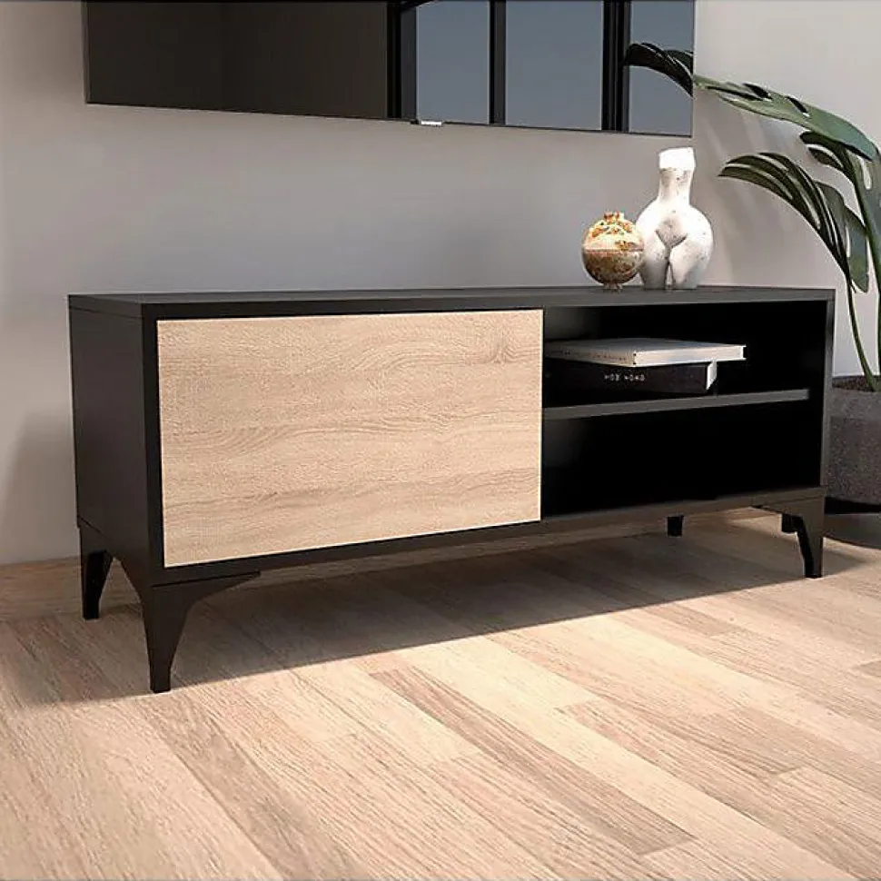 Meuble TV moderne - Noir et Sonoma, mélamine mate - 1 porte - Pieds 12 cm - 100 x 42 x 30 cm