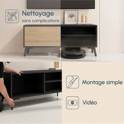 Meuble TV moderne - Noir et Sonoma, mélamine mate - 1 porte - Pieds 12 cm - 100 x 42 x 30 cm