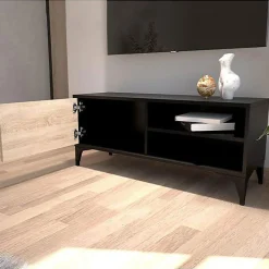 Meuble TV moderne - Noir et Sonoma, mélamine mate - 1 porte - Pieds 12 cm - 100 x 42 x 30 cm