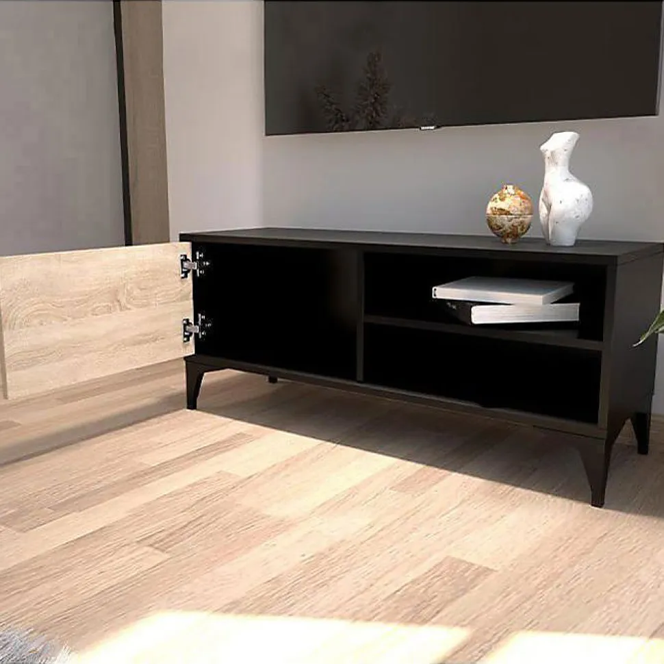 Meuble TV moderne - Noir et Sonoma, mélamine mate - 1 porte - Pieds 12 cm - 100 x 42 x 30 cm