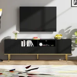 Meuble TV Moderne 2 Portes 2 Tiroirs, Bas Contemporain avec Pieds et Détails Dorés, Panneaux de Particules Noir, 165x36x55 cm