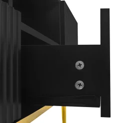 Meuble TV Moderne 2 Portes 2 Tiroirs, Bas Contemporain avec Pieds et Détails Dorés, Panneaux de Particules Noir, 165x36x55 cm