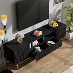 Meuble TV Moderne 2 Portes 2 Tiroirs, Bas Contemporain avec Pieds et Détails Dorés, Panneaux de Particules Noir, 165x36x55 cm