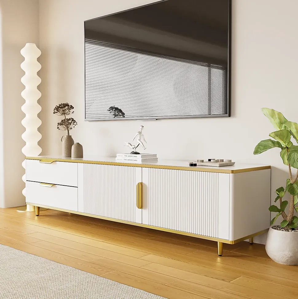 Meuble TV Moderne 2 Portes 2 Tiroirs, Bas Contemporain avec Poignées et Pieds Dorés, Structure Élégante Blanc, 175x40x45 cm