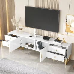 Meuble TV Moderne avec 2 Portes et 4 Tiroirs - Meuble Bas design Contemporain avec Pieds Dorés - Blanc - 175x30x46 cm