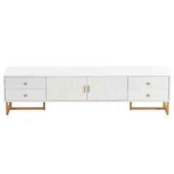 Meuble TV Moderne avec 2 Portes et 4 Tiroirs - Meuble Bas design Contemporain avec Pieds Dorés - Blanc - 175x30x46 cm