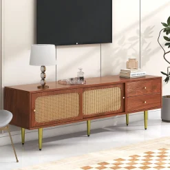 Meuble TV Moderne avec 2 Portes Coulissantes Effet Rotin et 2 Tiroirs, avec Pieds Métal et 4 Compartiments, Marron, 160x40x60 cm