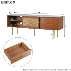 Meuble TV Moderne avec 2 Portes Coulissantes Effet Rotin et 2 Tiroirs, avec Pieds Métal et 4 Compartiments, Marron, 160x40x60 cm