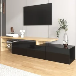 Meuble TV Moderne avec LED, 3 Portes et Étagères en Verre, MDF E1, 197,5x39x42 cm, Noir et Bois
