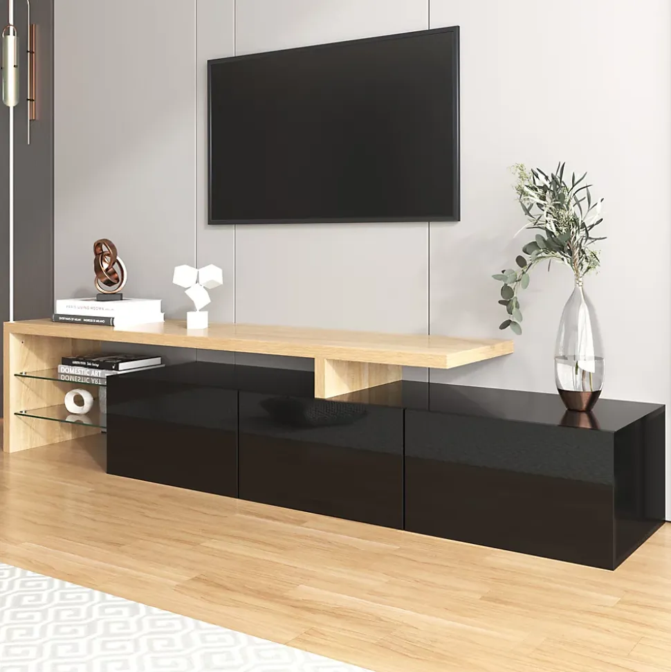 Meuble TV Moderne avec LED, 3 Portes et Étagères en Verre, MDF E1, 197,5x39x42 cm, Noir et Bois