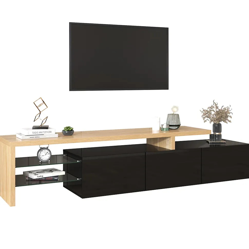 Meuble TV Moderne avec LED, 3 Portes et Étagères en Verre, MDF E1, 197,5x39x42 cm, Noir et Bois
