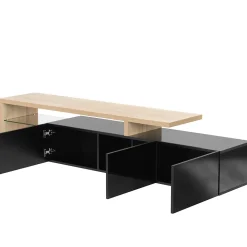 Meuble TV Moderne avec LED, 3 Portes et Étagères en Verre, MDF E1, 197,5x39x42 cm, Noir et Bois